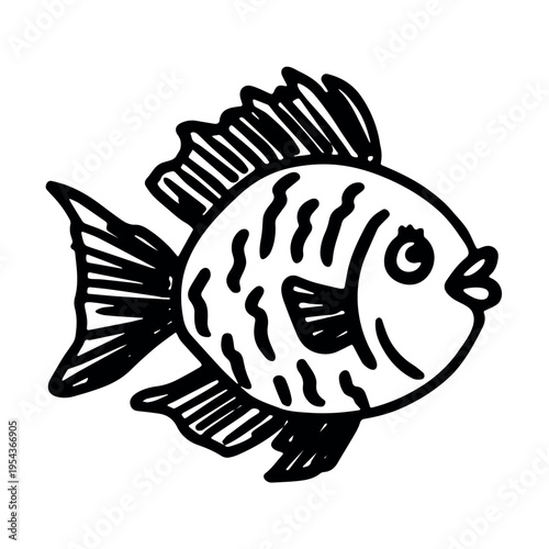 Hand drawn happy funny cute fish Adorable friendly kawaii tropical fish Underwater world sea life ocean Fishing seafood For design, kids print, kids books, nursery decor, coloring pages, logo