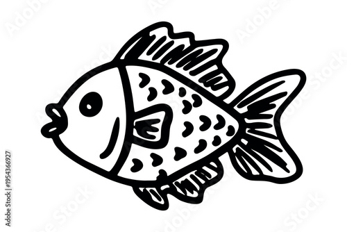 Hand drawn happy funny cute fish Adorable friendly kawaii tropical fish Underwater world sea life ocean Fishing seafood For design, kids print, kids books, nursery decor, coloring pages, logo