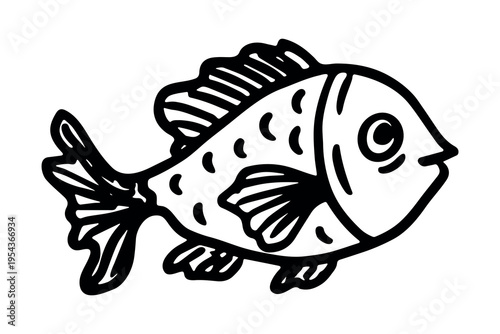 Hand drawn happy funny cute fish Adorable friendly kawaii tropical fish Underwater world sea life ocean Fishing seafood For design, kids print, kids books, nursery decor, coloring pages, logo