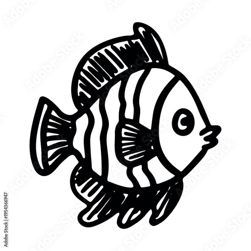 Hand drawn happy funny cute fish Adorable friendly kawaii tropical fish Underwater world sea life ocean Fishing seafood For design, kids print, kids books, nursery decor, coloring pages, logo