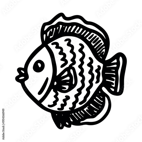 Hand drawn happy funny cute fish Adorable friendly kawaii tropical fish Underwater world sea life ocean Fishing seafood For design, kids print, kids books, nursery decor, coloring pages, logo