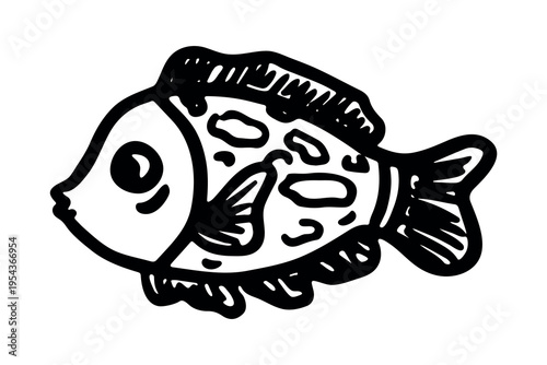 Hand drawn happy funny cute fish Adorable friendly kawaii tropical fish Underwater world sea life ocean Fishing seafood For design, kids print, kids books, nursery decor, coloring pages, logo