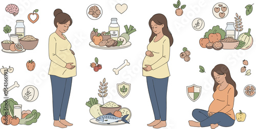 Pregnancy Nutrition and Healthy Diet Vector Set Featuring Expecting Woman with Balanced Food Vitamins and Maternal Wellness Illustration Collection