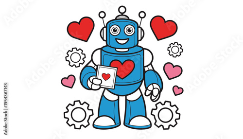 A blue robot illustration with hearts and gears around it