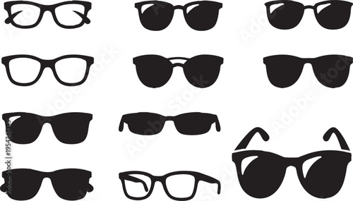 Eyeglasses and Sunglasses Silhouette Icons Set, Fashion Eyewear, Transparent Background