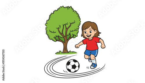 A cartoon boy playing soccer with a ball near a tree