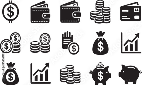 Financial Icon Set with Wallet Money Bag Piggy Bank and Business Growth Charts