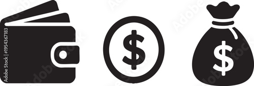 Financial Icons Set: Wallet with Cards, Dollar Coin, and Money Bag on Transparent Background