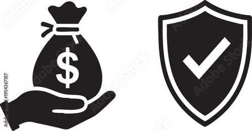 Financial Security Icon Set Money Bag and Shield - Isolated Transparent Background