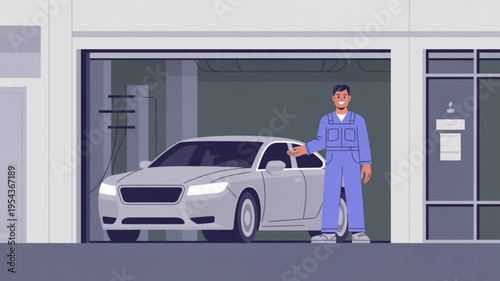 Mechanic standing beside a silver car in a modern garage with a sleek design and lighting