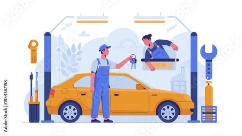 Mechanic handing car keys to customer in a modern garage with tools and equipment