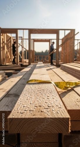 Construction site with wooden frames and workers building a new house under a clear sky.