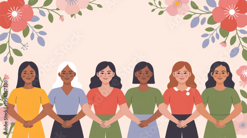 Diverse group of women standing together in unity and solidarity with floral background