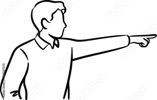 Continuous line drawing of man pointing to the right side, minimalist gesture illustration representing direction guidance, instruction or indication, simple outline vector isolated