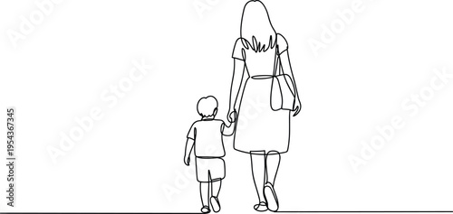 Continuous line drawing of mother and son walking together holding hands from back view, minimalist family parenting concept, simple outline vector illustration isolated background