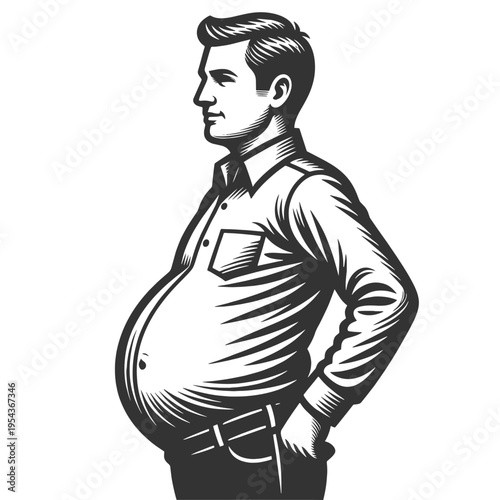 overweight adult man in side view, highlighting large belly and obesity health concept sketch engraving generative ai fictional character vector illustration. Scratch board imitation. Black and white.