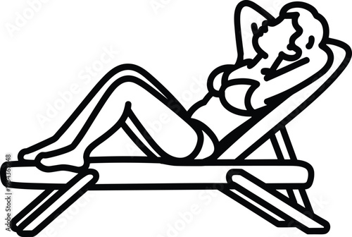 Continuous line drawing of woman relaxing on lounge chair, minimalist summer vacation concept illustration showing leisure, sunbathing and relaxation, simple outline vector isolated background