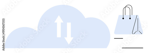 E-commerce, cloud technology, data transfer, internet services, online shopping, digital storage. A shopping bag next to a cloud with arrows. E-commerce and cloud technology concept