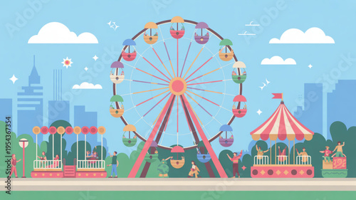 Colorful amusement park scene with ferris wheel merry go round and city skyline on a sunny day with blue sky and fluffy clouds