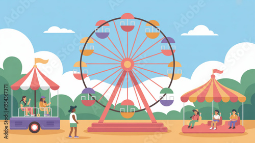 Colorful ferris wheel and merry go round at a lively outdoor amusement park on a sunny day with happy people