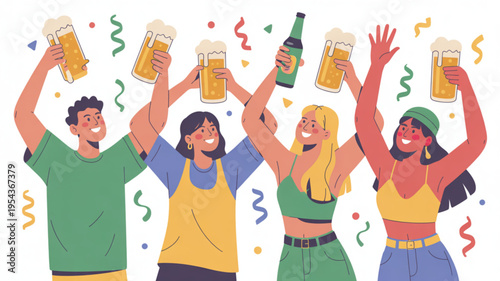 Diverse group of friends celebrating with beer glasses and bottle happy and smiling with colorful confetti