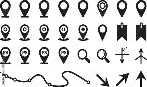 Billede på lærred Map Location Pin and Navigation Icon Set Silhouette Isolated on Transparent Back