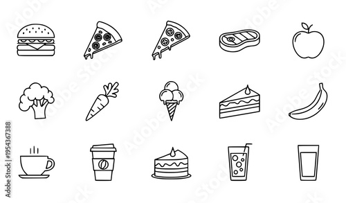 Food and Drink Line Icon Set for Web UI with Restaurant Menu Outline Collection