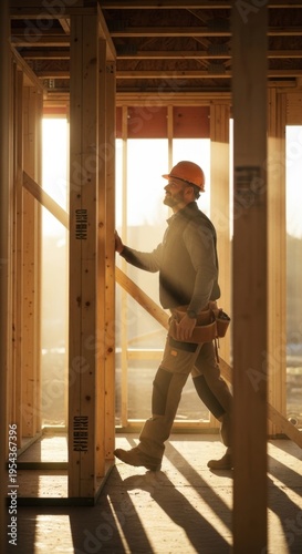 Construction worker framing a new house at sunset.
