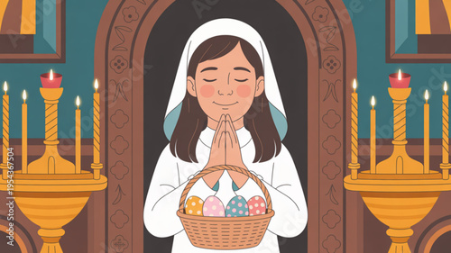 Woman in white praying with easter eggs basket candles and archway serene easter scene