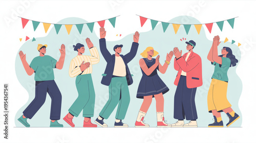 Diverse group of people dancing and celebrating together under colorful party banners at a festive event with joyful atmosphere and lively decorations