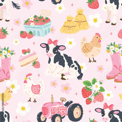 Cute Farm Seamless Pattern with Cow Chicken Strawberry Tractor, Pastel Cottagecore Dairy Farm Animals Floral Spring Background