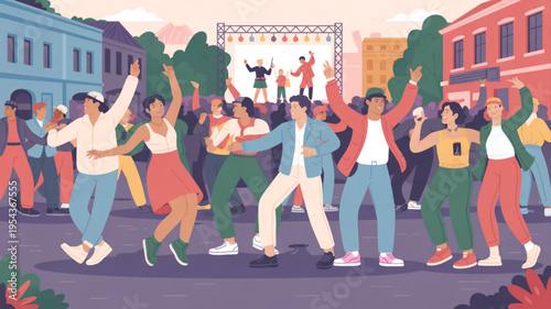 People dancing in a street festival with colorful buildings and trees in the background at sunset