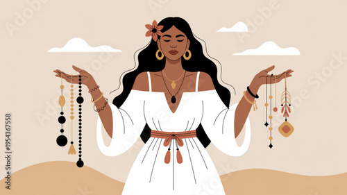 Woman in white dress offering jewelry with flower in hair in desert landscape with clouds