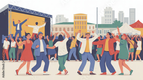 People dancing in a lively outdoor festival with a stage and city skyline in the background at daytime
