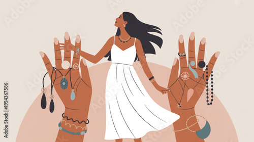 Woman in white dress surrounded by hands adorned with jewelry symbolizing elegance and beauty