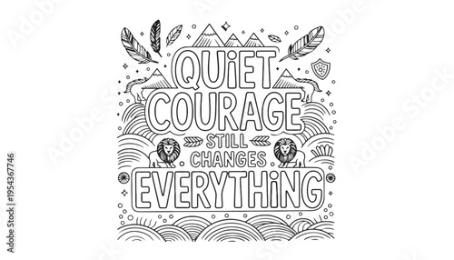 A motivational quote illustration with a lion and mountain landscape