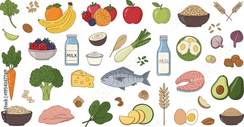 Healthy Food Ingredients Vector Set Featuring Fruits Vegetables Fish Meat Dairy Grains and Balanced Nutrition Diet Illustration Collection Design