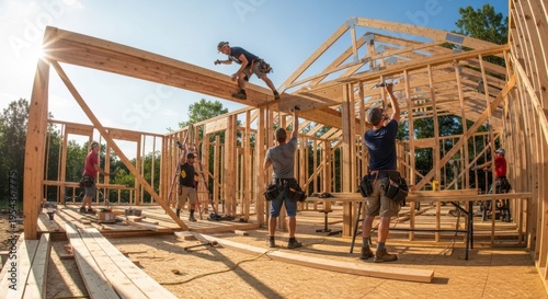 Construction workers building a new house frame under a bright sunny sky.