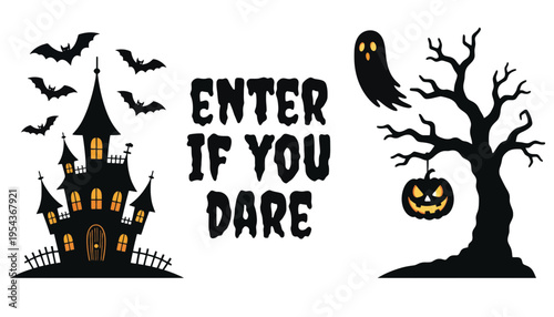 A spooky Halloween illustration with a haunted house and tree silhouette