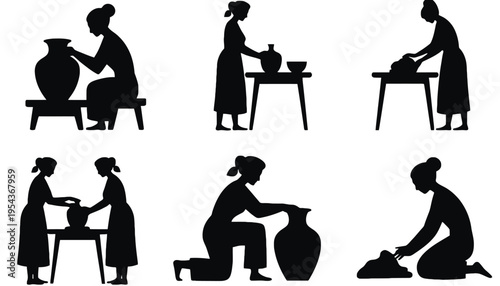 A woman working with pottery in various silhouetted poses and positions