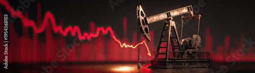 An oil pumpjack operates at night against a backdrop of red financial graphs and fluctuating market data.