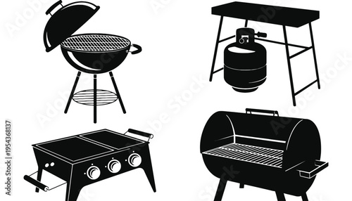 A barbecue grill icon set including a gas grill and charcoal grill