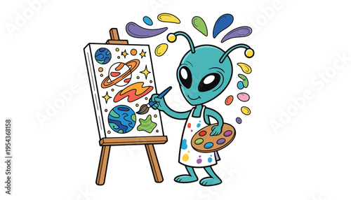 Alien cartoon character painting a colorful galaxy on an easel