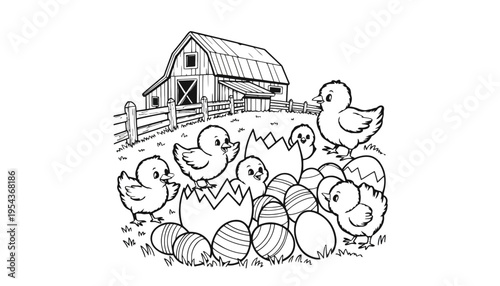 Chicken illustration with chicks hatching from eggs in a farm yard