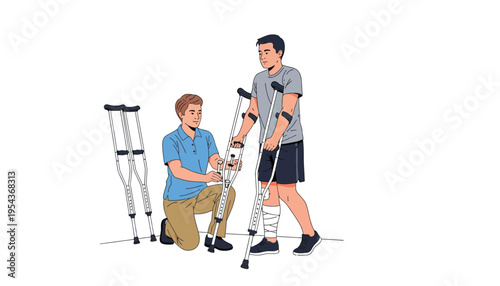 A doctor helping a patient with crutches and a bandaged leg