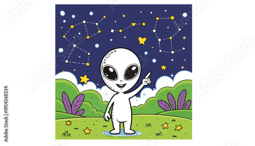Alien cartoon character pointing at the starry night sky illustration