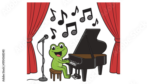 Kermit the Frog playing a grand piano on stage with red curtains