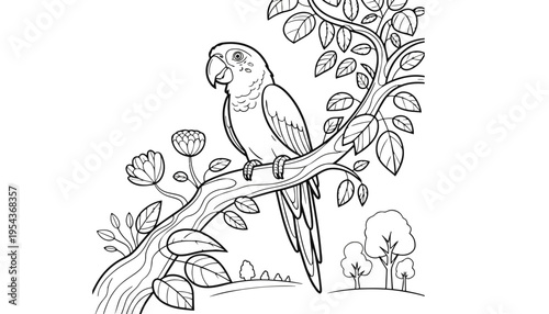 A parrot illustration sitting on a tree branch with flowers and leaves