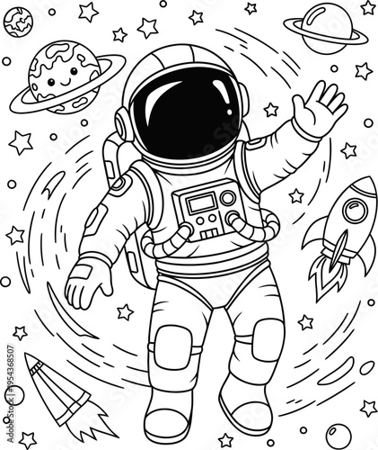 Astronaut floating in space with planets and stars