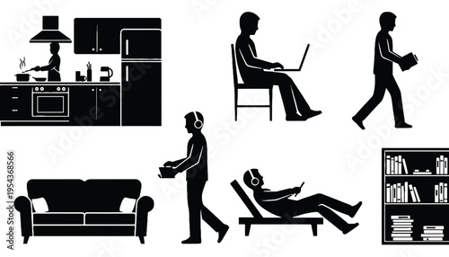 People silhouette vector icons for everyday life and home activities